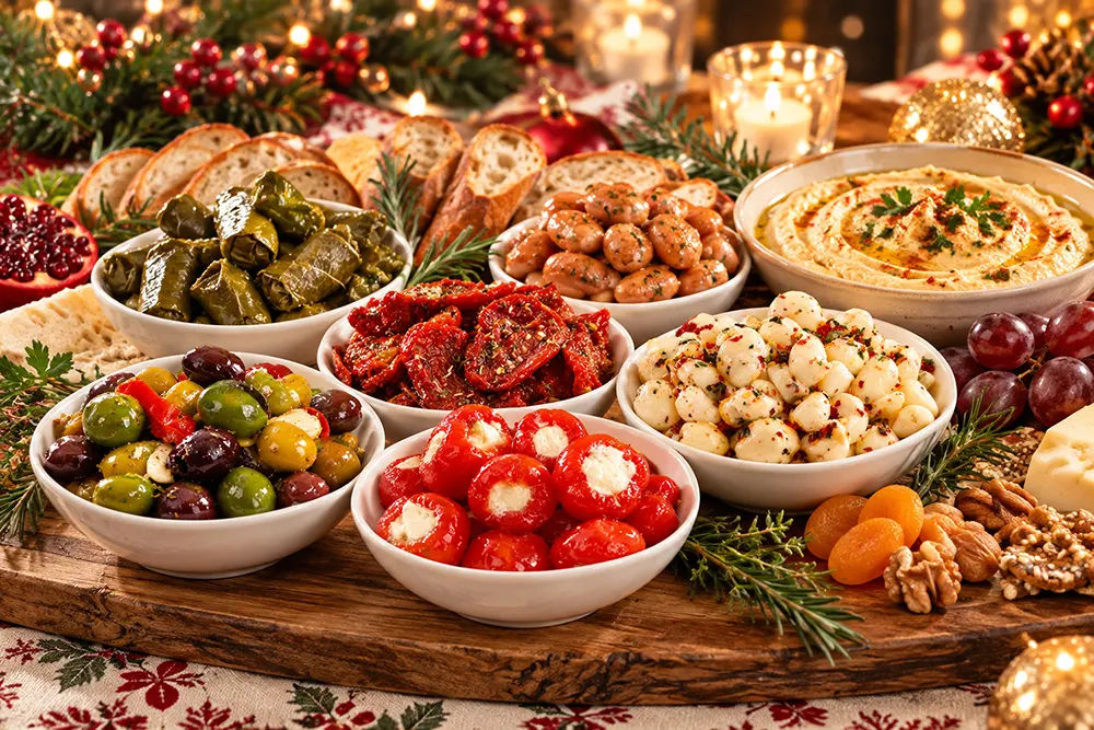 Christmas grazing board with marinated olives, antipasti and cheese