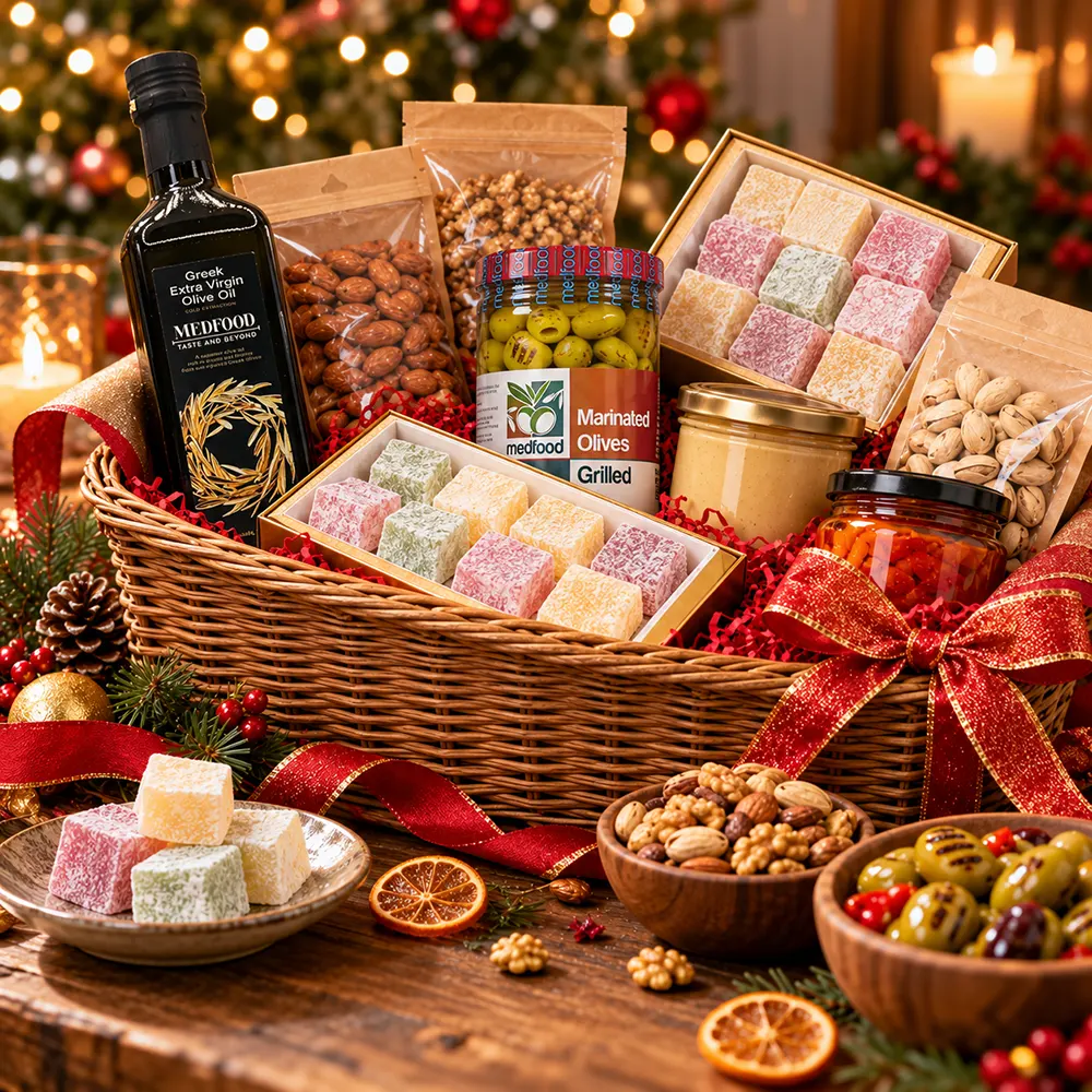 Christmas food hamper with Turkish delight, nuts and olive oil